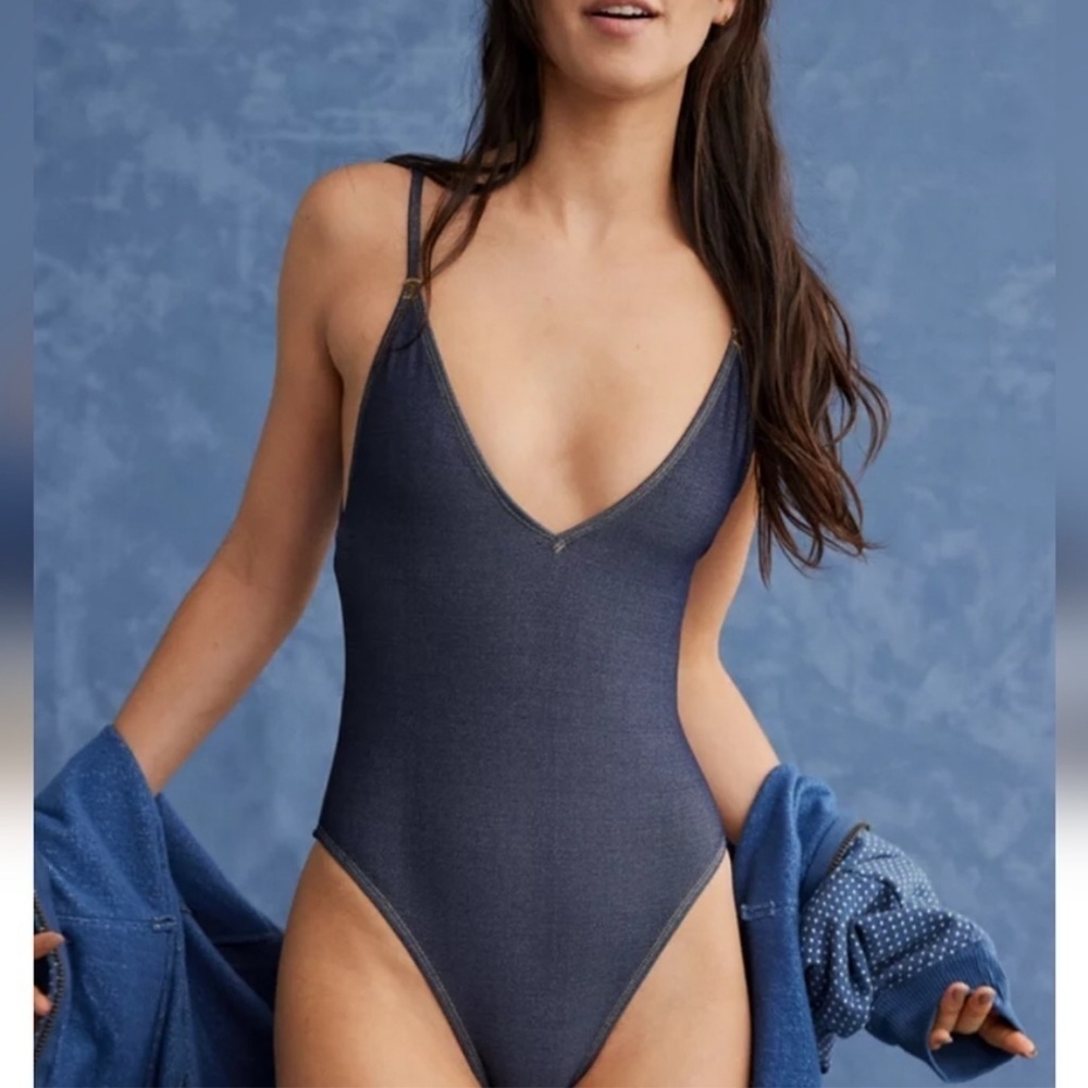 AE x Aerie Match Made In Denim Plunge Cheekiest One Piece Swimsuit LARGE NEW